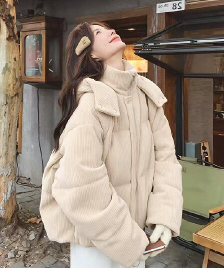 폭발 슈퍼 잘 생긴 ~ 중 한 부서 코듀로이 스탠드 칼라 후드 아래 면화 의류 여자 겨울 루즈핏 재킷
