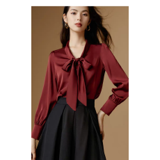批发宝石红<b class='q'>衬衣</b>秋季新款女装高端缎面蝴蝶结飘带通勤<b class='q'>衬衫</b>女别致上衣