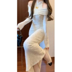 批发白玉牡丹新中式国风露肩改良旗袍针织连衣<b class='q'>裙</b>气质<b class='q'>礼服</b>长<b class='q'>裙</b>