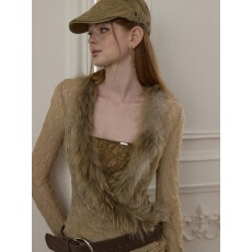 批发wooha 吾哈2025秋季新款镂空<b class='q'>长袖</b>T恤复古拼接荡领毛毛打底衫女