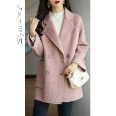 批发小个子人字纹双面绒大衣女2025秋冬新款西装领羊毛呢子<b class='q'>外套</b>女品牌