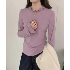 批发韩系甜美双层木耳边圆领长袖T恤女秋冬简约百搭喇叭袖打底衫上衣