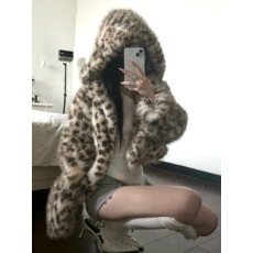 小野猫豹纹皮草短款连帽毛毛外套小众慵懒休闲宽松加厚辣妹上衣女
