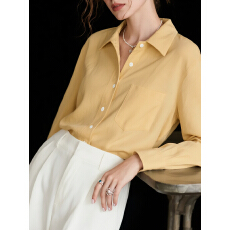 批发黄色翻领<b class='q'>长袖</b>衬衫女2026年春季新款法式气质优雅减龄百搭衬衣上衣