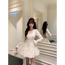 批发越韩小鱼 天使之翼 法式纯欲蕾丝<b class='q'>连衣裙</b>收腰千金风生日蓬蓬裙女秋