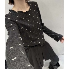 批发韩系2026早春新款时尚甜美蝴蝶结木耳边设计针织<b class='q'>打底衫</b><b class='q'>女</b>灰色T恤