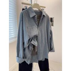 批发2025<b class='q'>春</b>秋慵懒宽松叠穿休闲衬衣女复古蓝色格子水洗磨毛衬衫女