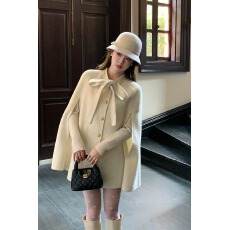 批发杨小卷 富家千金风1OO羊毛斗篷大衣蝴蝶结白色双面呢毛呢外套秋冬