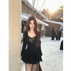 批发Mejiu蜜九幽夜幻灵蕾丝纯欲小个子法式荷叶摆<b class='q'>连衣裙</b>