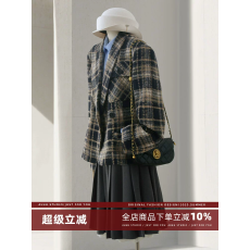 批发4U4U 格纹夹棉毛呢<b class='q'>西装</b>女冬季新款超好看英伦风修身显瘦短款外套