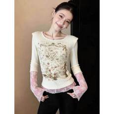 批发竹节棉假两件蕾丝花边拼接<b class='q'>长袖</b><b class='q'>T</b><b class='q'>恤</b>女2026春季新款别致减龄上衣