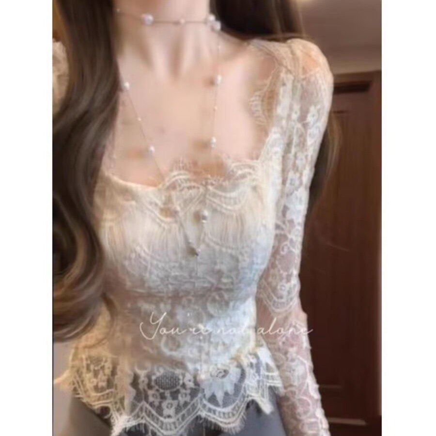 순수한 욕망 핫걸 섹시함 광장 칼라 맨위 여성 이른 봄 고급 센스 살구 색상 백리스 레이스 기본 셔츠 인사이드 가져 가라. 수 있습니다. 외출용