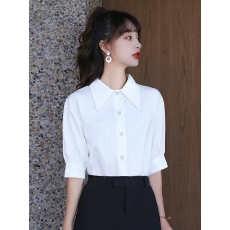 批发尖领衬衫女夏职业白色宽松五分袖复古灯笼袖工作气质缎面正装衬衣