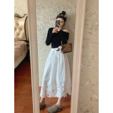 批发法式性感气质一字肩长袖T恤<b class='q'>秋</b>季镂空刺绣手工蕾丝花瓣半身裙