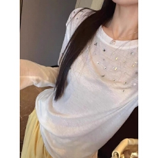 批发防晒t恤女长袖2026春<b class='q'>夏</b>装新款薄款重工镶钻宽松圆领小个子白上衣