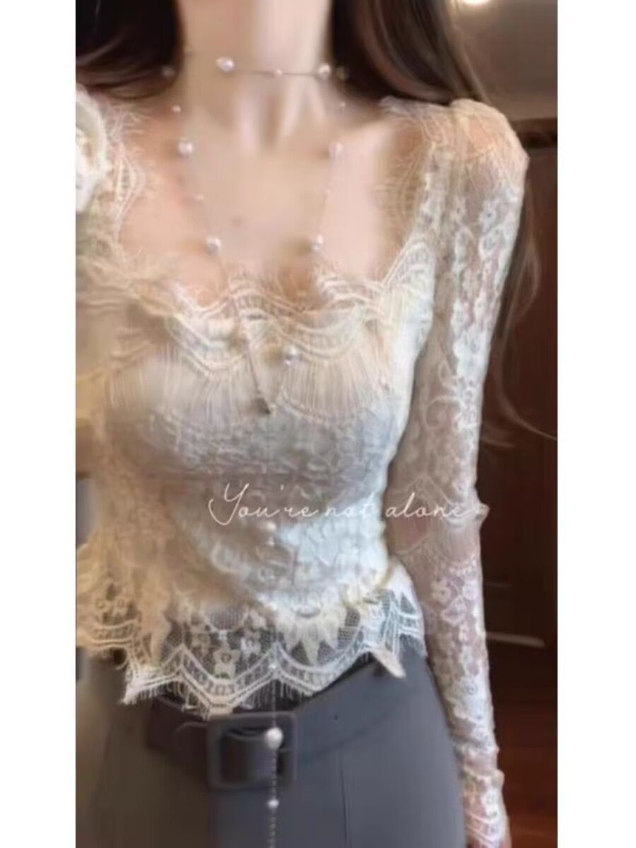 가을 순수한 욕망 화이트 프랑스식 광장 칼라 긴팔 레이스 셔츠 여성 백리스 품격 몸매 가꾸기 인사이드 가져 가라. 만나는 쇼트 스타일 맨위