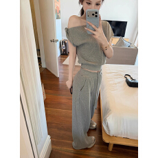 批发Tongiiuu 私服日常 斜领露肩短袖T恤女宽松直筒休闲阔腿裤套装夏