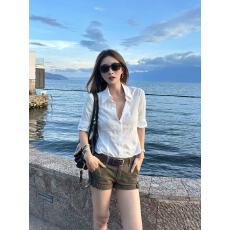 批发白色<b class='q'>衬衫</b>女春夏季中袖正肩<b class='q'>衬衣</b>短袖短款修身收腰上衣
