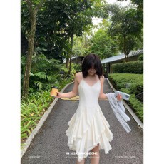 SUNONEONE 花边拼接设计感薄纱蕾丝吊带连衣裙女春季修身无袖裙子