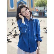 批发蓝色亚麻春季长袖<b class='q'>衬衣</b>女百搭通勤棉麻宽松防晒<b class='q'>衬衫</b>上衣