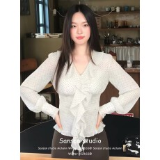 批发韩系波点长袖<b class='q'>雪纺衫女</b>早春穿搭飘带v领t恤收腰显瘦纯欲风辣妹上衣