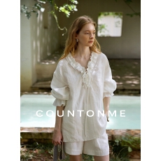 批发法式浪漫/慵懒自在100%亚麻手工木耳边V领绑带衬衫
