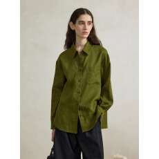 批发亚麻绿色宽松衬衫女早秋款内搭外穿长袖衬衣