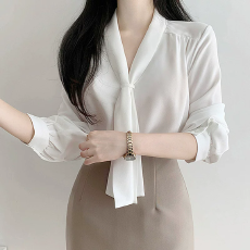 批发白色v领雪纺衬衫女长袖上衣2026新款职业装气质时尚洋气领带衬衣