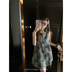 批发FF BLUE 江南绿松 自带清冷感新中式水墨连衣裙复古高级A字背心裙