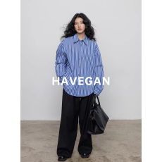 批发春季条纹长袖衬衫女高级感2026新款慵懒宽松休闲上衣