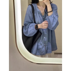 批发蓝色天丝防晒衬衫女夏季薄款慵懒风V领宽松<b class='q'>开衫</b>外套