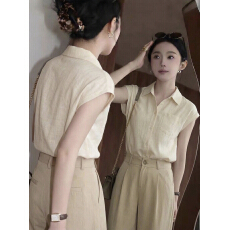 批发时尚简约绝美奶杏色翻领短袖衬衫女夏季新款独特通勤百搭遮肉小衫