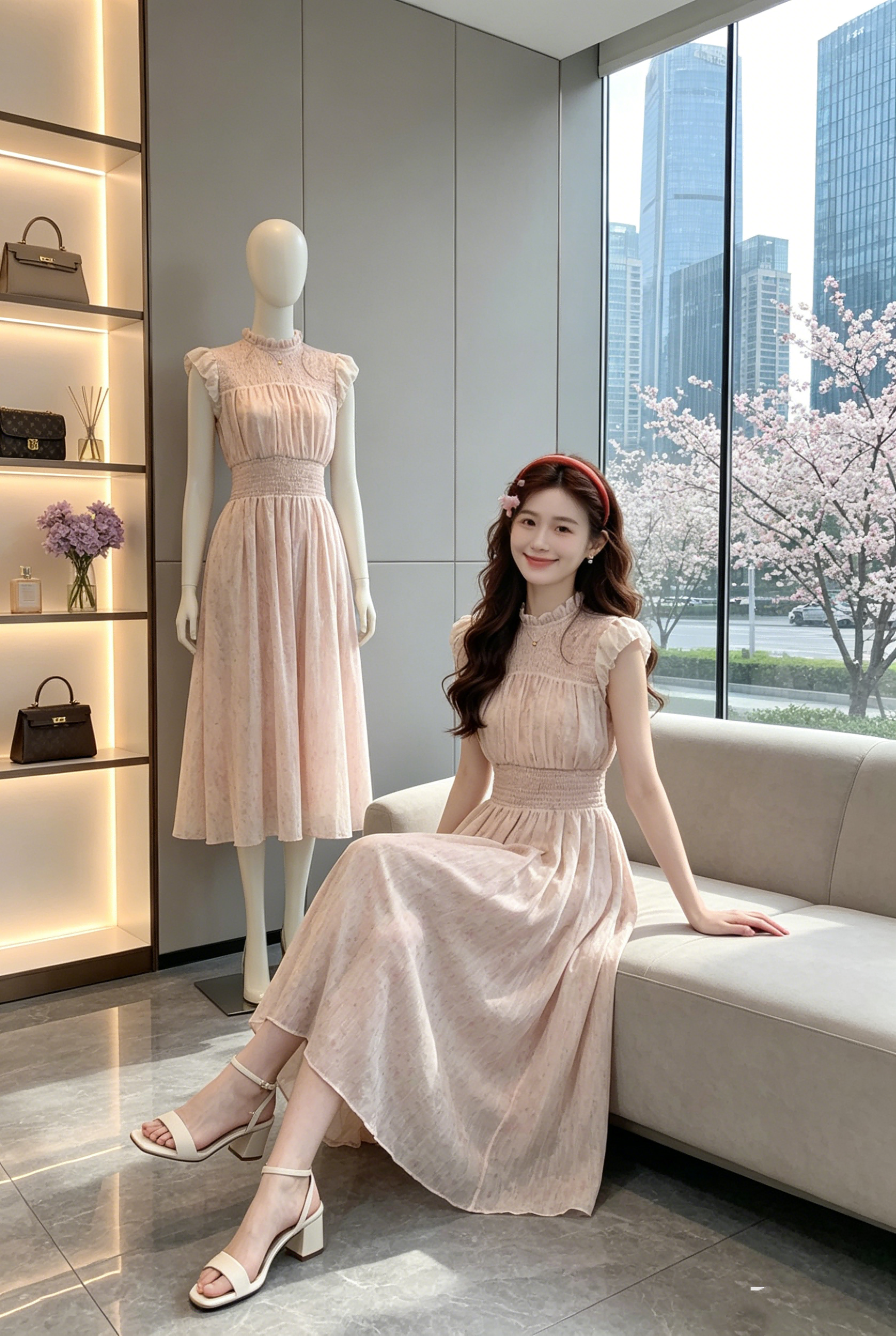 아름다움 조용한 여기에 자유 휴가 부드러운 꽃무늬 핑크색 드레스 명중 가져 가라. 디자인 센스 허리 수축 슬림해 보이는 롱 스커트