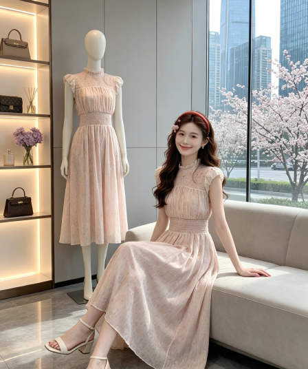 아름다움 조용한 여기에 자유 휴가 부드러운 꽃무늬 핑크색 드레스 명중 가져 가라. 디자인 센스 허리 수축 슬림해 보이는 롱 스커트