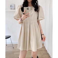 批发韩国chic简约纯色设计感<b class='q'>灯笼</b>袖百褶连衣<b class='q'>裙</b>小个子泡泡袖高腰短<b class='q'>裙</b>女