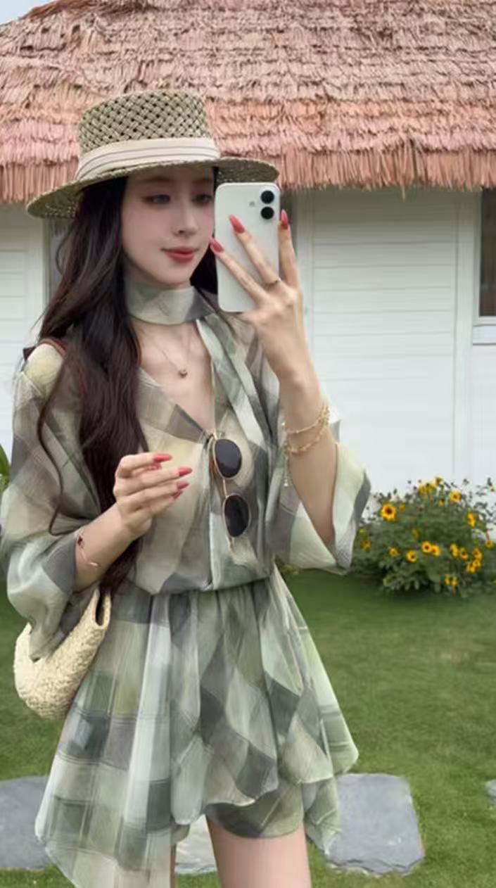 꽃 리플 그것 여름 프랑스식 낭만주의 바람 레트로 리본 체크무늬 드레스 반바지 세트 여름 착용 가져 가라. 여성