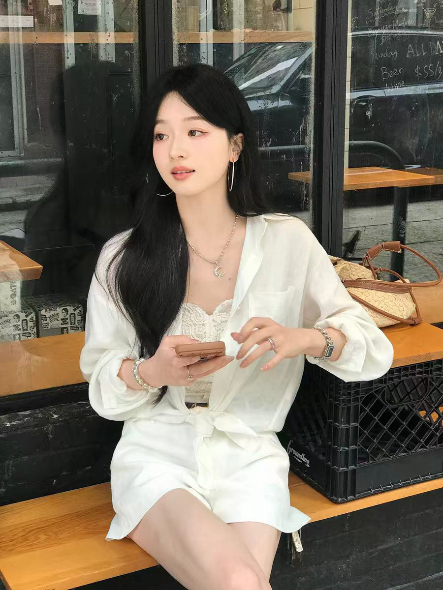 전체 아마 느슨함 센스 마이크로 주름 질감 여성 셔츠 새로운 구슬 빛 단추 다용도 프로필 모양 셔츠