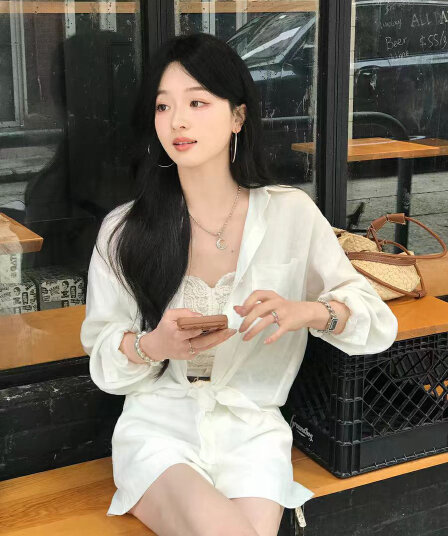 전체 아마 느슨함 센스 마이크로 주름 질감 여성 셔츠 새로운 구슬 빛 단추 다용도 프로필 모양 셔츠