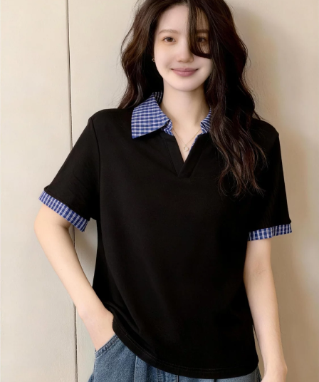 빅 사이즈 지방 mm 학원 스타일 검정색 체크무늬 폴로 칼라 반팔 티셔츠 여성 여름 새로운 출퇴근 패션 다용도 맨위