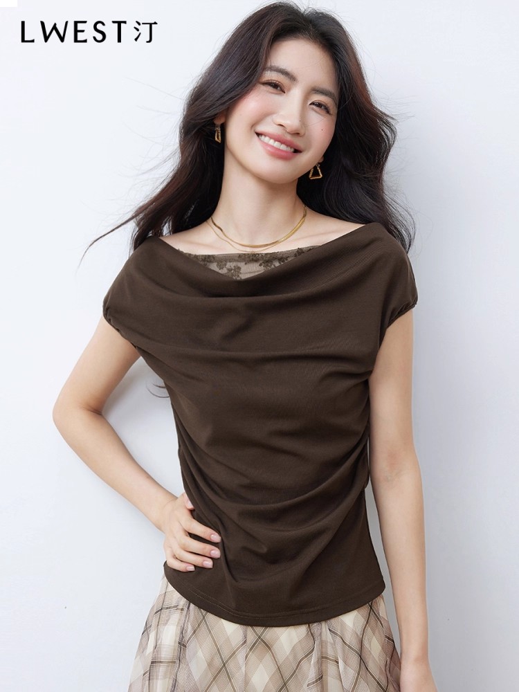 Longman S 팅 흔들다 칼라 반팔 티셔츠 여성 2025 여름 새로운 우아함 품격 주름 디자인 센스 주간 실크 맨위