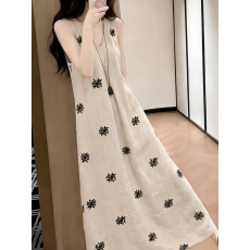 批发特别漂亮的气质小裙子女夏米色印花无袖V领吊带长款a字显瘦<b class='q'>连衣裙</b>