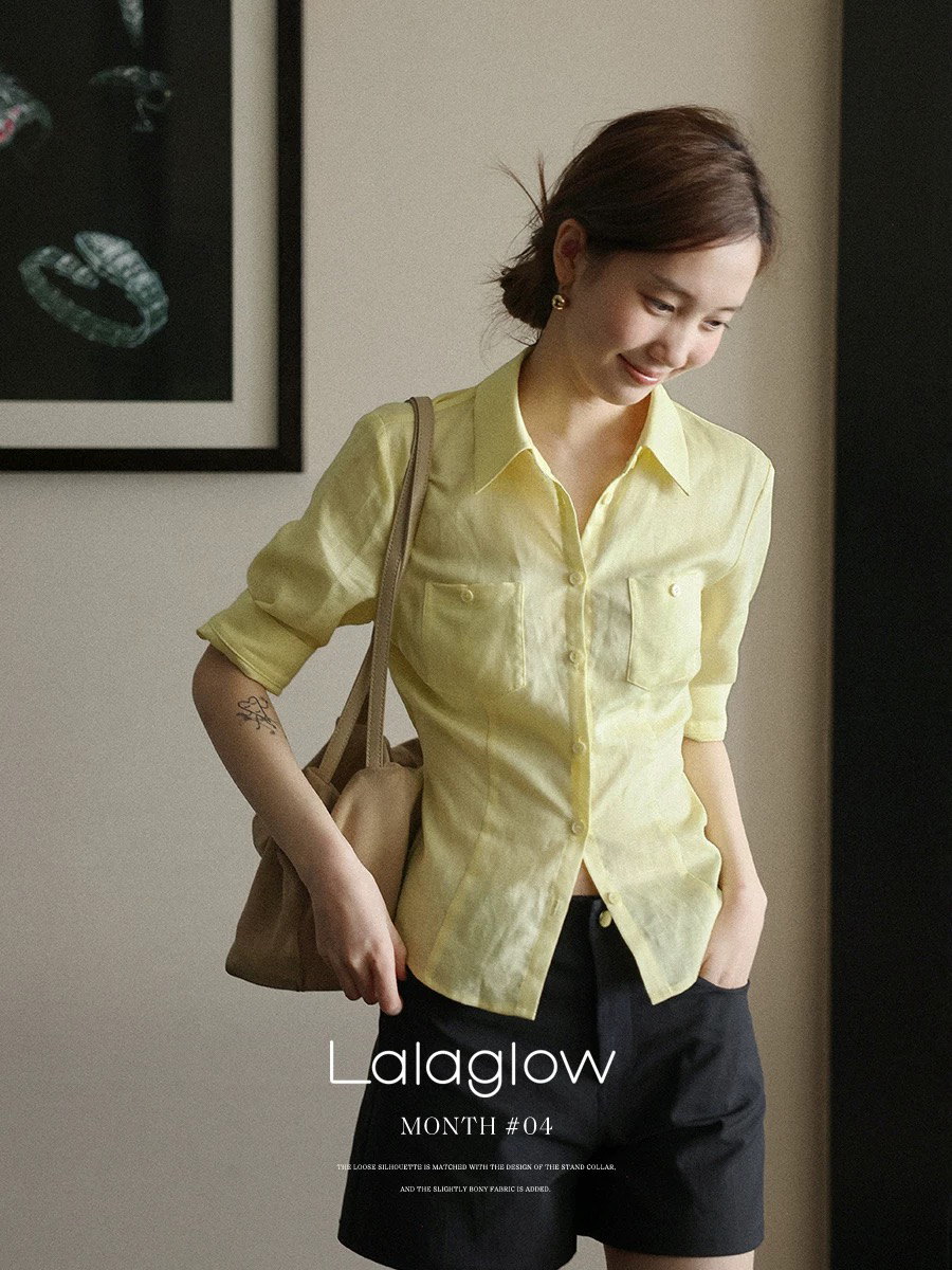 lalaglow 기다려라. 맑은 주간 실크 아마 중간 소매 허리 수축 슬림해 보이는 여성 셔츠 여름 프로 피부 통기성 다용도 맨위