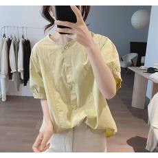 批发圆领纯棉衬衫女夏新款宽松显瘦简约小众设计感短袖基础款减龄上衣
