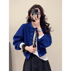 批发早秋季独特超好看蓝色外套女今年流行卫衣<b class='q'>宽松</b>短款夹克棒球服上衣