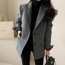 批发韩国羊毛呢西装外套女2026<b class='q'>春</b>秋新款英伦风人字纹灰色显瘦西服上衣