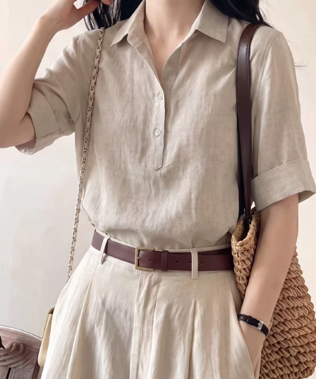 오래된 돈 바람 회색 아마 V넥 반팔 여성 셔츠 여름 얇은 스타일 고급 센스 폴로 칼라 면 린넨 셔츠 블라우스 맨위