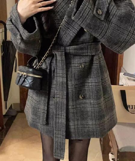 쇼트 스타일 모직 코트 여성 새로운 봄 체크무늬 모직 외투 고급 센스 두꺼운 정장 한 부서