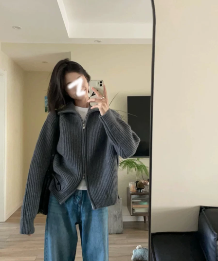 레트로 회색 폴로 칼라 니트 스웨터 오픈 가디건 여성 코트 가을 겨울철 루즈핏 느긋한 바람 외출용 더블 지퍼 터틀넥