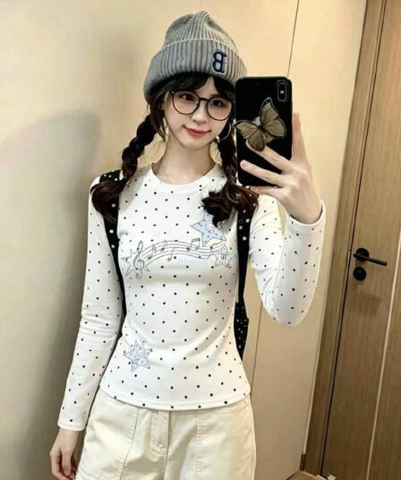 느낌 92 면 8 암모니아 Lun 몸매 가꾸기 허리 수축 천 도트 무늬 프린트 긴팔 티셔츠 여성