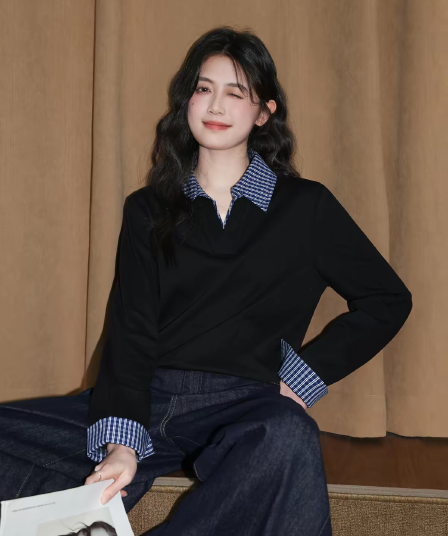 검정색 페이크 레이어드 V넥 긴팔 티셔츠 여성 봄 가을 2026 새로운 체크무늬 패치워크 긍정적 인 어깨 동정 인사이드 잡아라. 의류